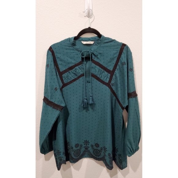 ZARA Green Embroidered Tie Neck Blouse - Picture 2 of 5